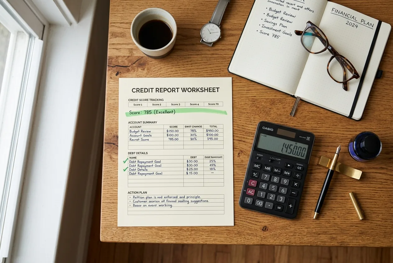Credit report audit worksheet with analytical notes, calculator, and highlighter