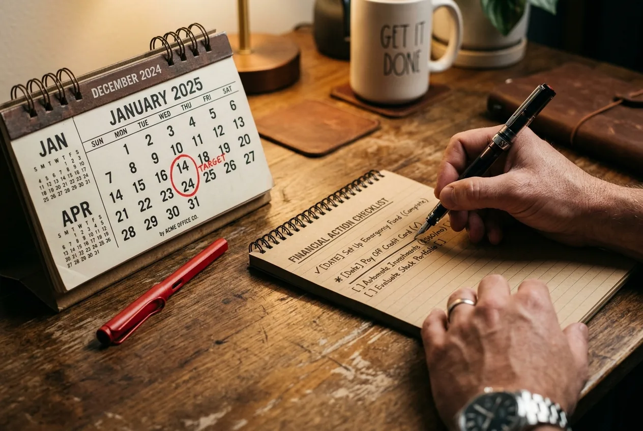 Desk calendar with targeted 90-day milestone and financial action checklist