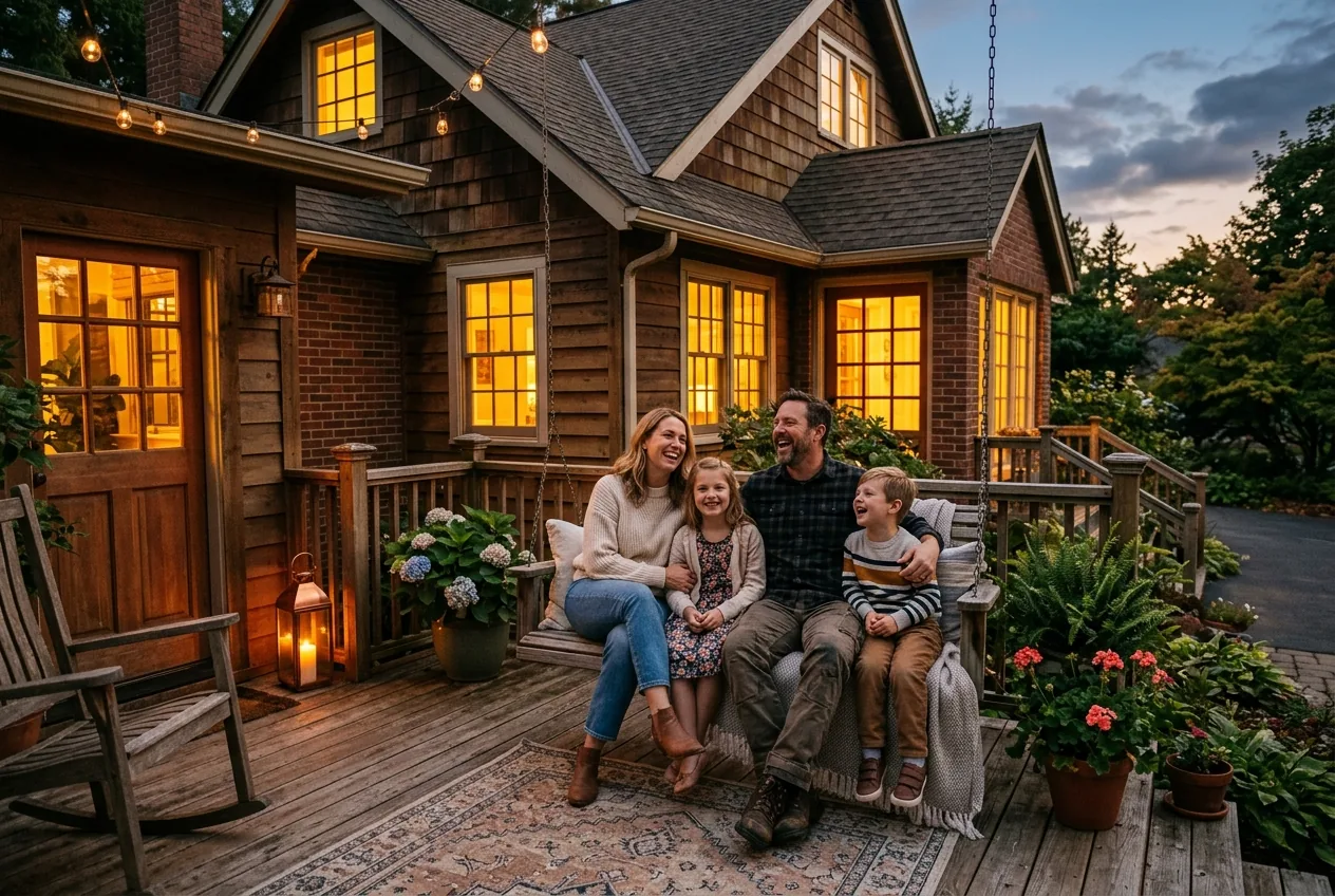 Family on front porch of home at dusk with warm glowing windows