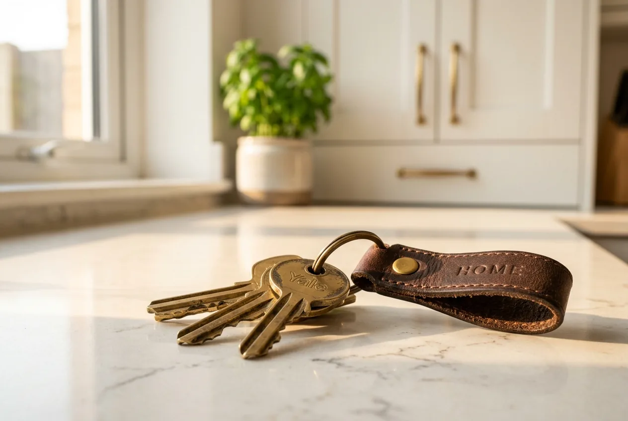 House keys on sunlit kitchen counter representing closing milestone