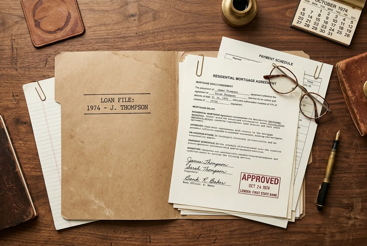 A mortgage loan file open on a desk with reading glasses and a stamp