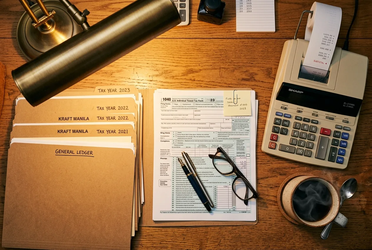 Tax planning desk with kraft folders by year, calculator with tape, and federal 1040 forms